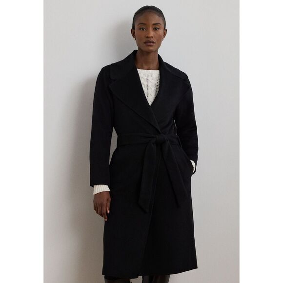 Lauren Ralph Lauren Coat Size 16 Black Wool Blend Belted Wrap Women’s Classic - Picture 1 of 9